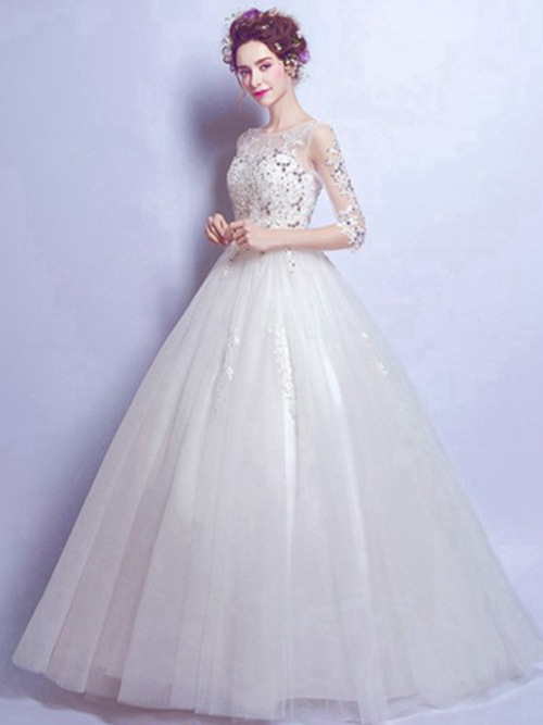 Ball Gown Scoop Floor Length Organza 1/2 Sleeves Bridal Wear Wit