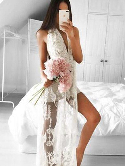 Sheath V Neck Floor Length Lace Wedding Wear