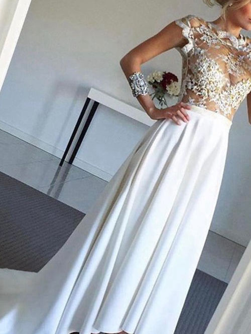 A-line Jewel Court Train Taffeta Lace Wedding Gown