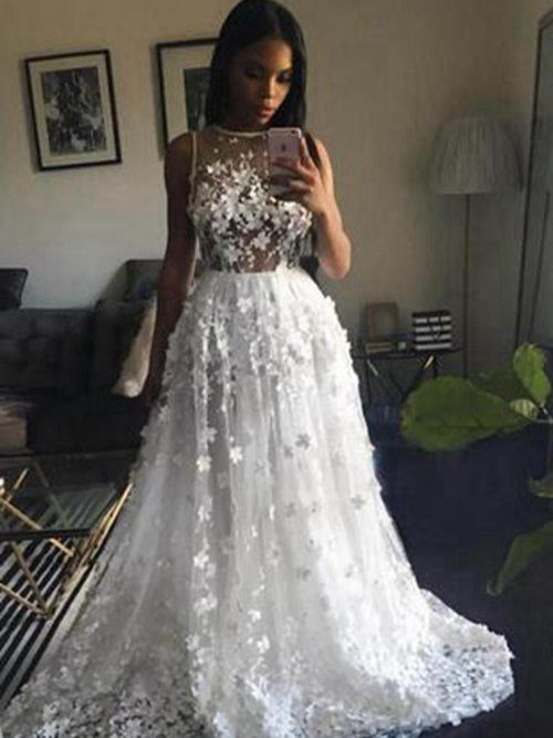 A-line Sheer Sweep Train Lace Bridal Dress