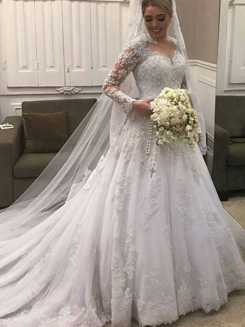 A-line Sweetheart Chapel Train Lace Long Sleeves Wedding Dress