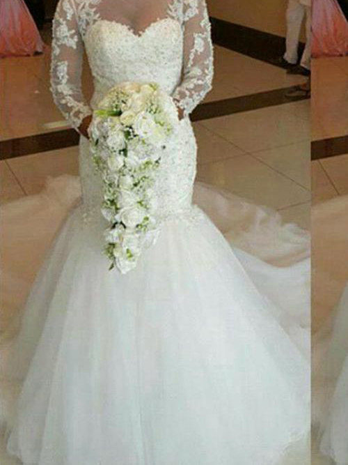 Mermaid Sheer Chapel Train Organza Lace Wedding Dress