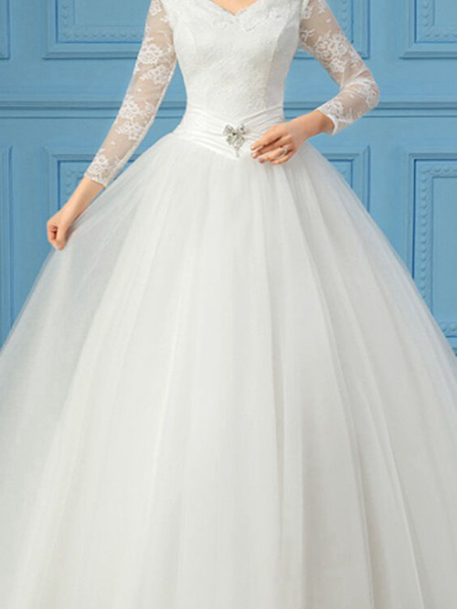 Ball Gown V Neck Floor Length Organza Wedding Dress