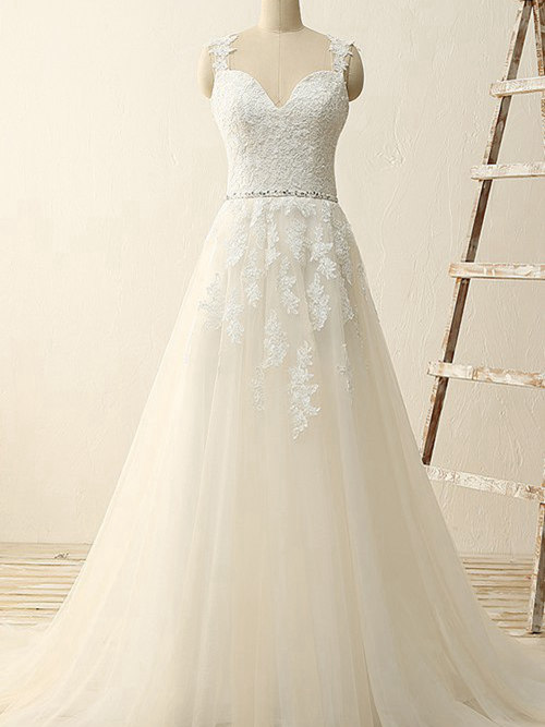 A-line Straps Sweep Train Tulle Lace Wedding Dress