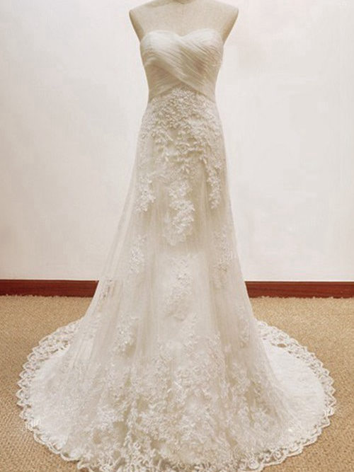 A-line Sweetheart Court Train Lace Wedding Gown