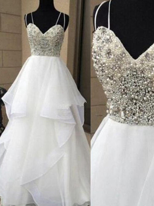 A-line Spaghetti Straps Floor Length Organza Wedding Dress Pearl