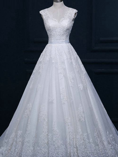 Princess V Neck Court Train Lace Wedding Gown