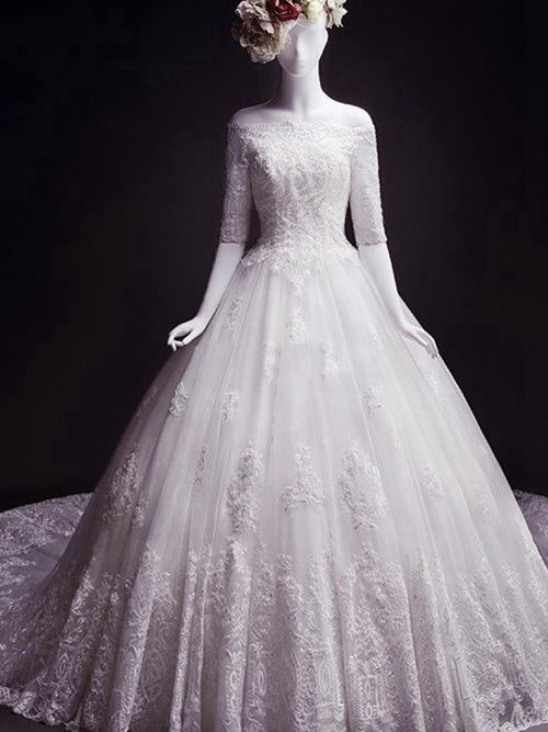A-line Off Shoulder Chapel Train Lace Wedding Dress