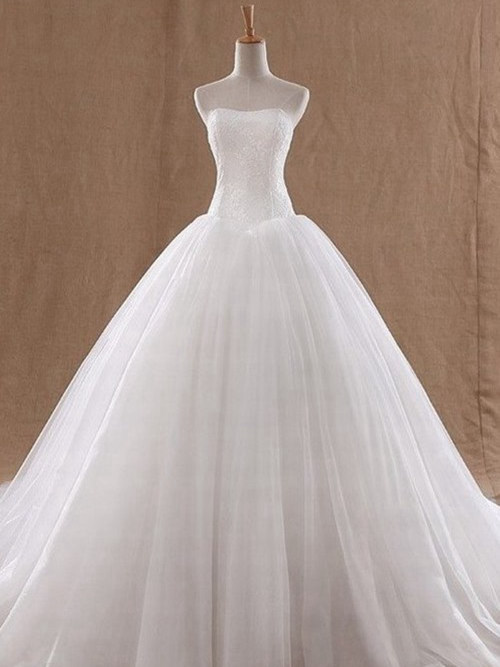 A-line Strapless Court Train Organza Wedding Gown