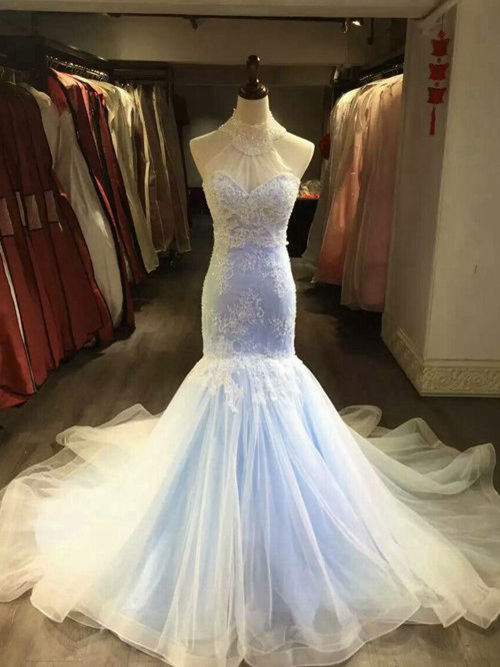 Mermaid Halter Court Train Organza Lace Wedding Dress