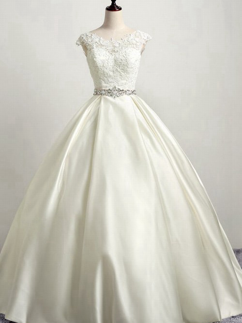 Princess Scoop Floor Length Satin Lace Bridal Dress