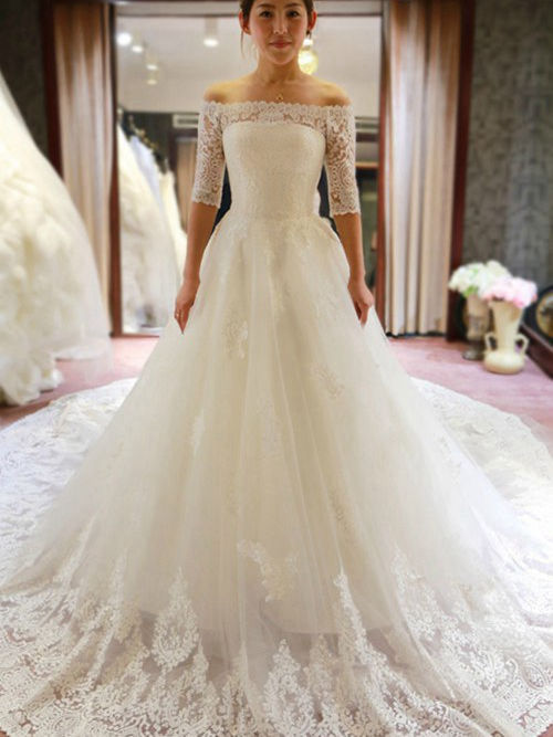 A-line Off Shoulder Chape Train Lace Wedding Dress