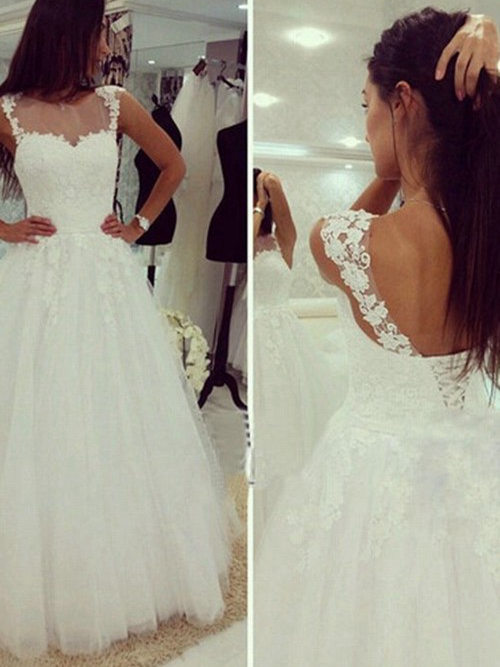 A-line Sheer Floor Length Organza Lace Wedding Dress