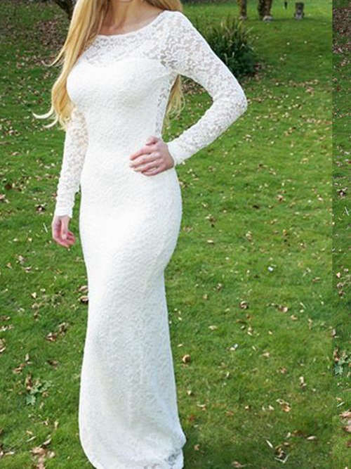 Sheath Scoop Floor Length Long Sleeves Lace Wedding Dress