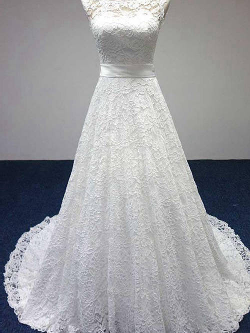 A-line Scoop Sweep Train Lace Bridal Gown