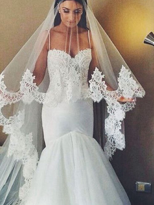 Mermaid Spaghetti Straps Brush Train Organza Lace Wedding Dress