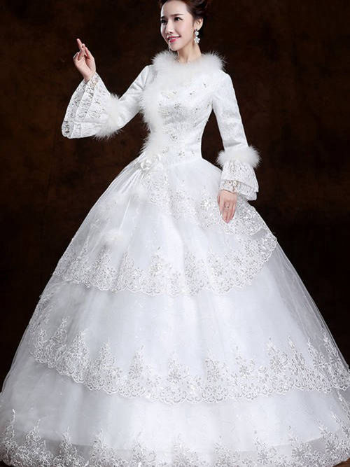 Ball Gown Jewel Floor Length Satin Long Sleeves Wedding Dress