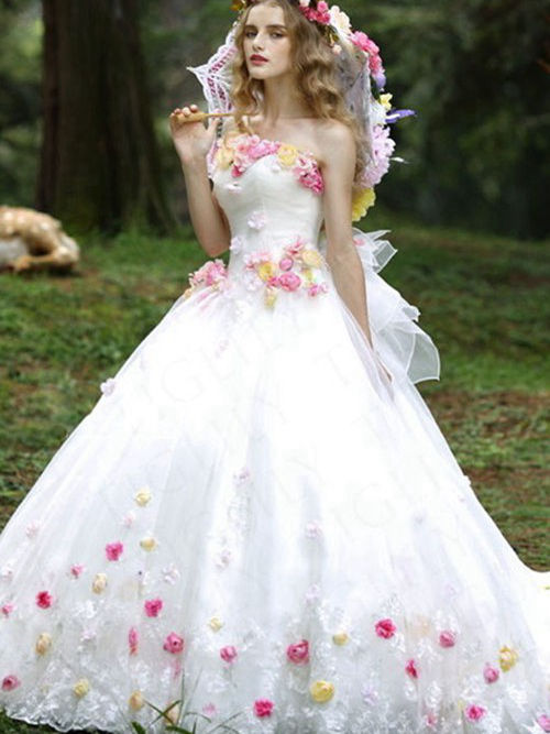 A-line Strapless Court Train Organza Wedding Dress Flower