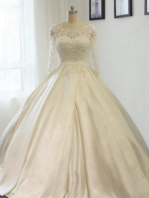Princess Off Shoulder Court Train Satin Lace Wedding Dress