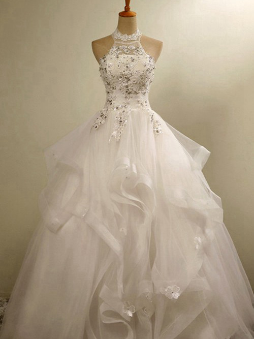A-line Halter Floor Length Organza Bridal Dress Beading