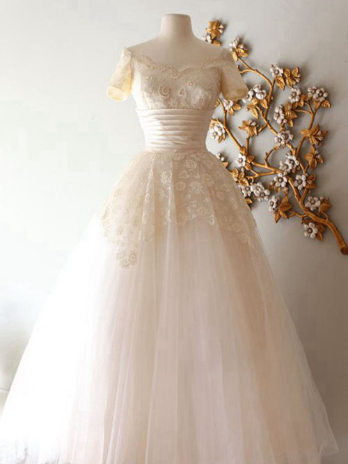 A-line Off Shoulder Floor Length Lace Organza Wedding Dress