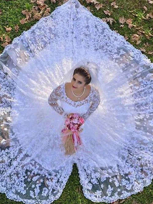 Ball Gown Scoop Court Train Lace Long Sleeves Wedding Dress