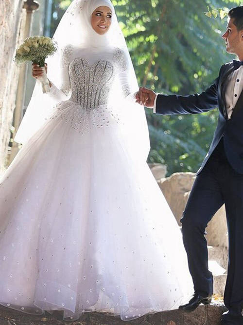 Princess High Neck Court Train Organza Sequins Wedding Dress