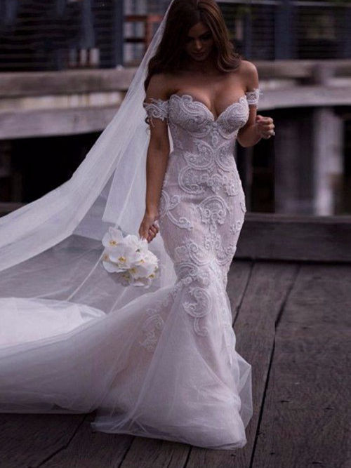 Mermaid Off Shoulder Chapel Train Organza Wedding Dress Embrodie
