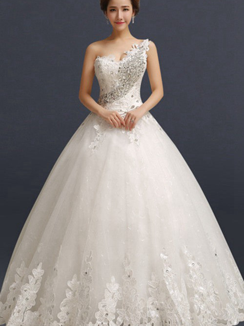 A-line One Shoulder Floor Length Organza Bridal Dress Beading Ap