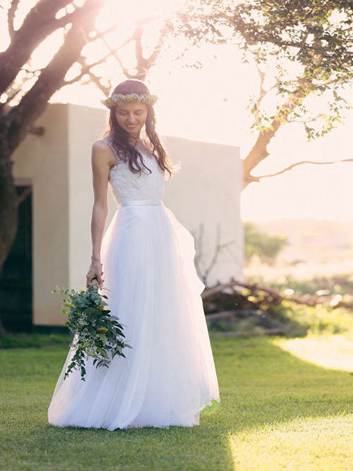 A-line Sheer Floor Length Tulle Wedding Dress
