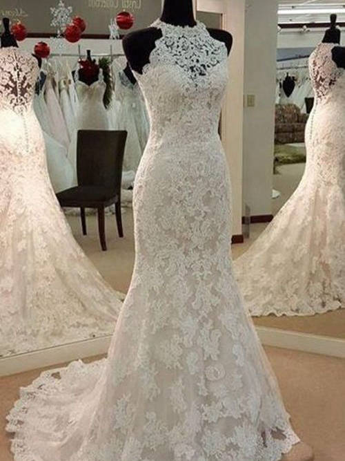 Mermaid Jewel Court Train Lace Wedding Dress