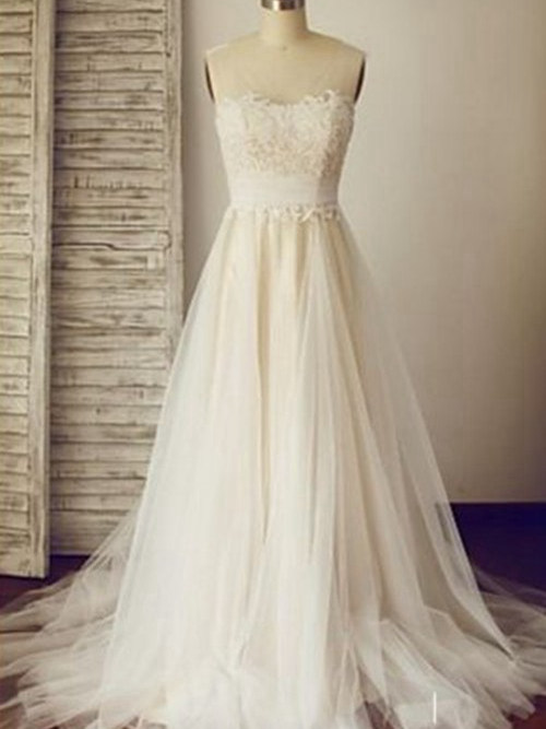 A-line Strapless Brush Train Tulle Bridal Wear