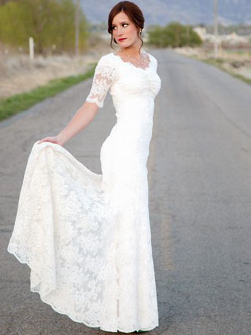 Sheath Scoop Floor Length Lace Wedding Dress Short Sleeves