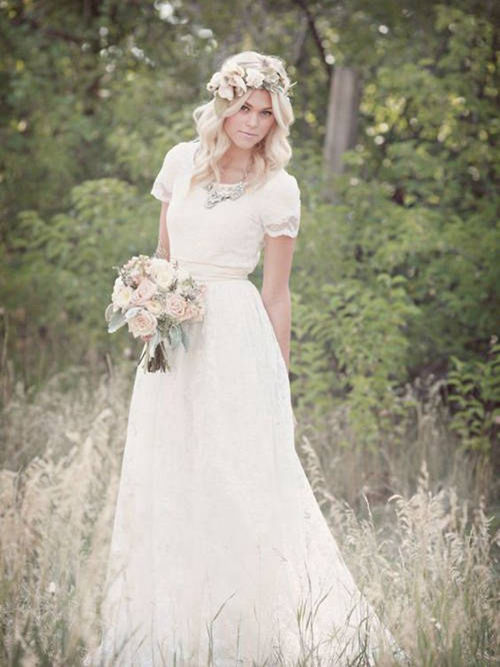 A-line Scoop Floor Length Lace Bridal Dress Short Sleeves
