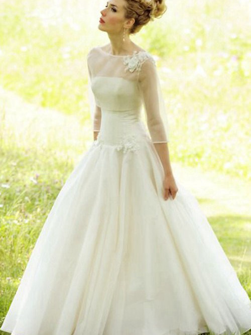 Princess Sheer Floor Length Chiffon Bridal Dress Long Sleeves