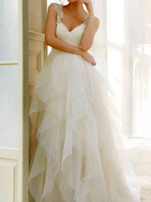 A-line V Neck Floor Length Chiffon Bridal Dress Ruffles