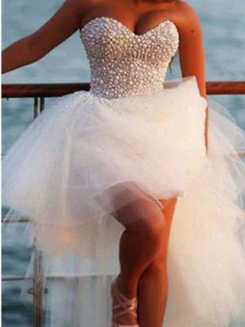 A-line Sweetheart Organza High Low Bridal Dress Pearls