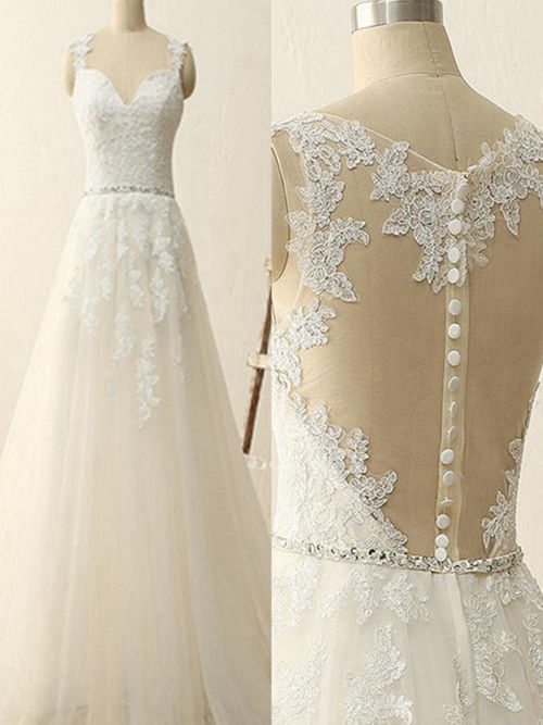A-line Straps Floor Length Tulle Wedding Dress Applique
