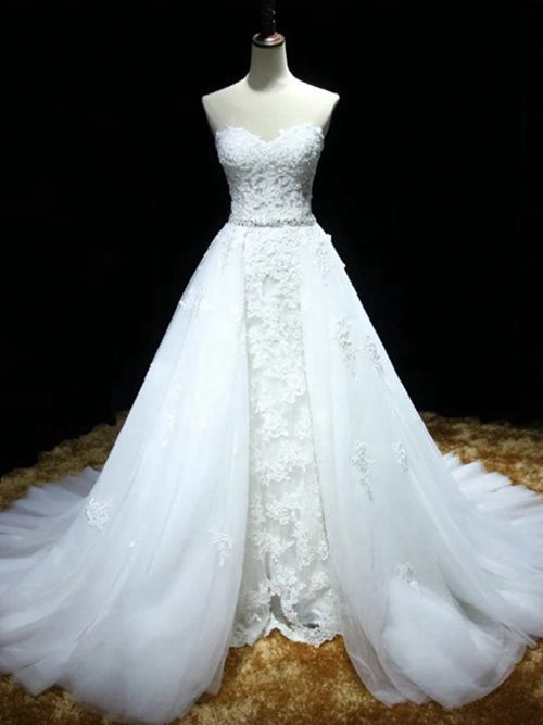A-line Sweetheart Court Train Organza Lace Bridal Dress