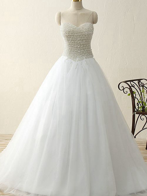 A-line Sweetheart Sweep Train Chiffon Wedding Dress Pearl