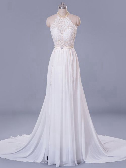 A-line Jewel Chapel Train Chiffon Lace Wedding Dress