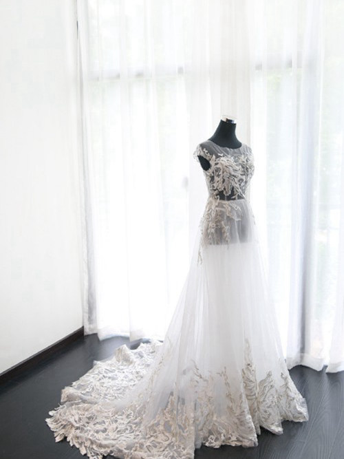 A-line Bateau Court Train Tulle Wedding Dress Applique