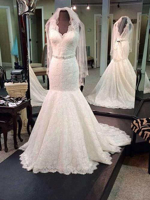Mermaid V Neck Court Train Lace Wedding Gown