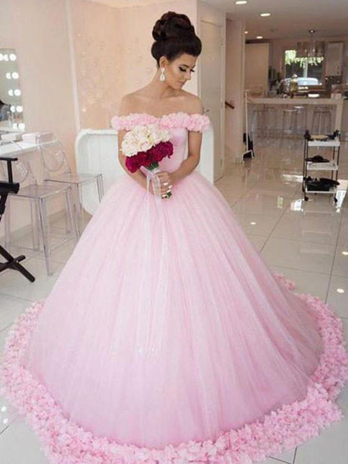 Ball Gown Off Shoulder Tulle Pink Wedding Wear Ruffles