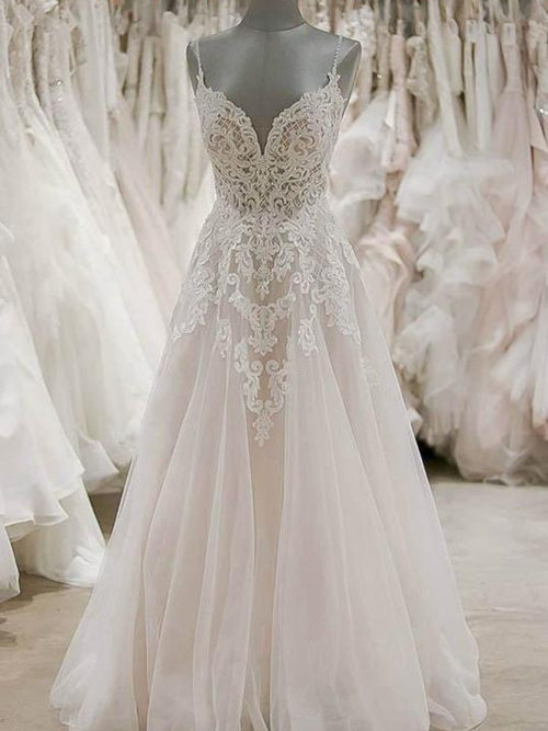 A-line Spaghetti Straps Lace Tulle Wedding Gown