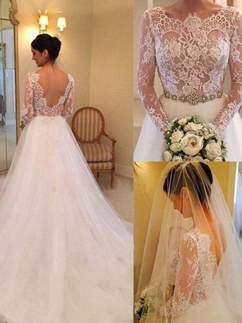 A-line Lace Sleeves Tulle Wedding Dress Beads