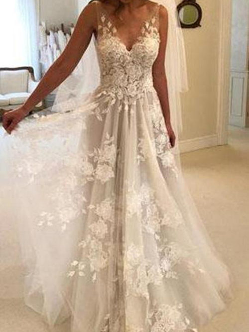 A-line V Neck Tulle Bridal Dress Appliques