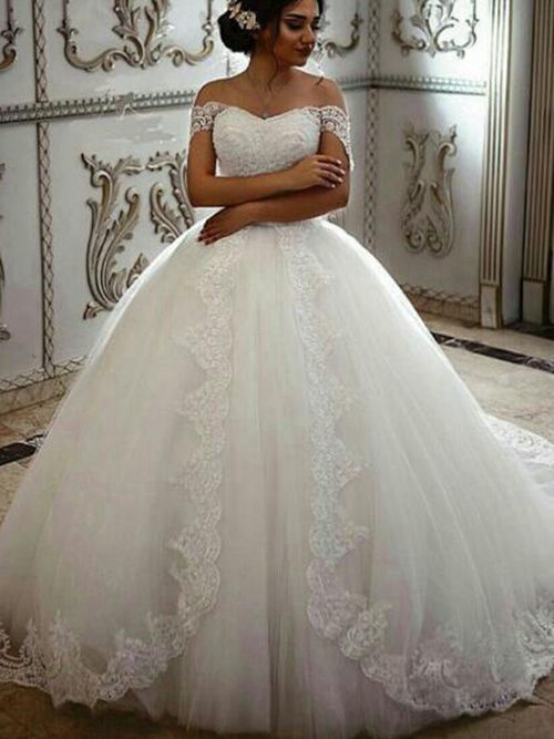 Ball Gown Off Shoulder Court Train Tulle Lace Wedding Dress