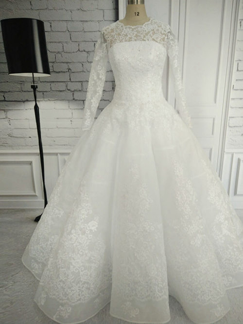A-line Jewel Long Sleeves Lace Bridal Dress