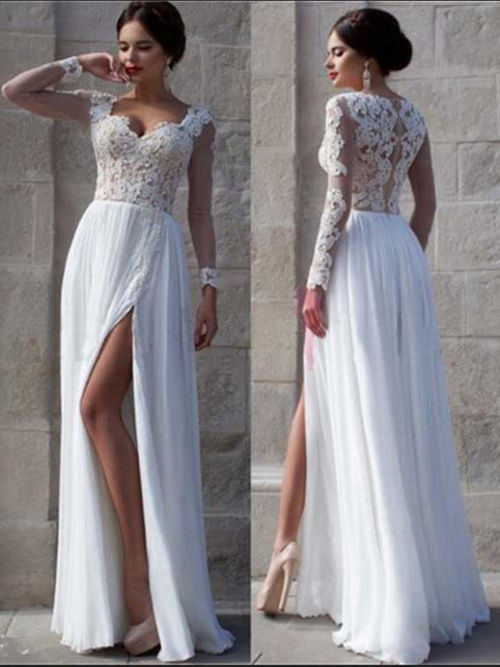 Column Straps Floor Length Chiffon Lace Wedding Dress